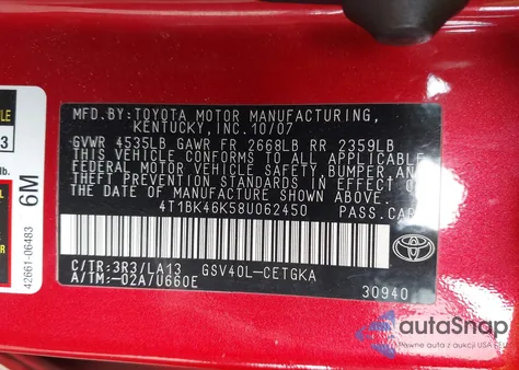 2008 Toyota Camry Xle V6 z USA, uszkodzony, nr VIN 4T1BK46K58U062450